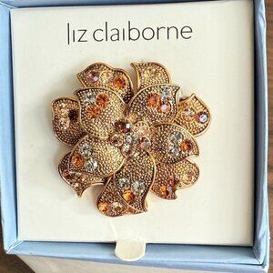Vintage Liz Claiborne Gold-Tone Flower Brooch With Rhinestones 1-3/4" NIB